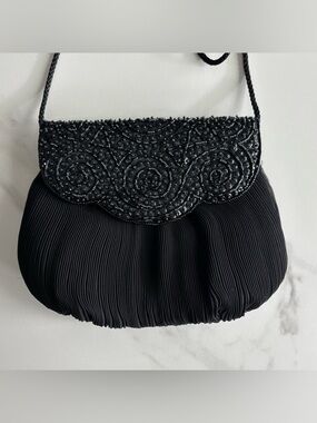 Genie Black Beaded Evening Shoulder Satin Bag Mini Black